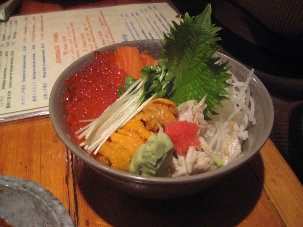 Salmon Sashimi, Salmon Roe, Sea Urchin (Uni), Flying Fish Roe & Crab Meat