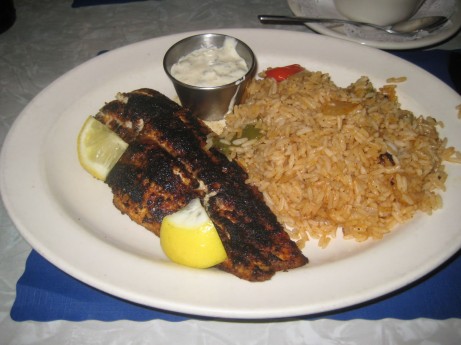 Blackened Catfish with Dirty Rice at Live Bait