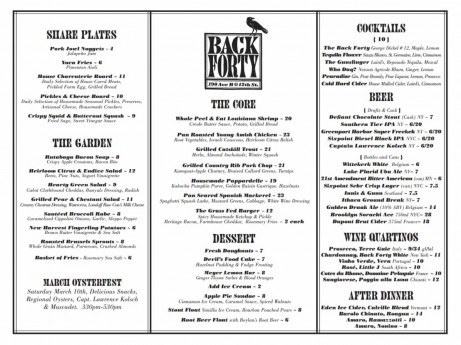 Back Forty Dinner Menu